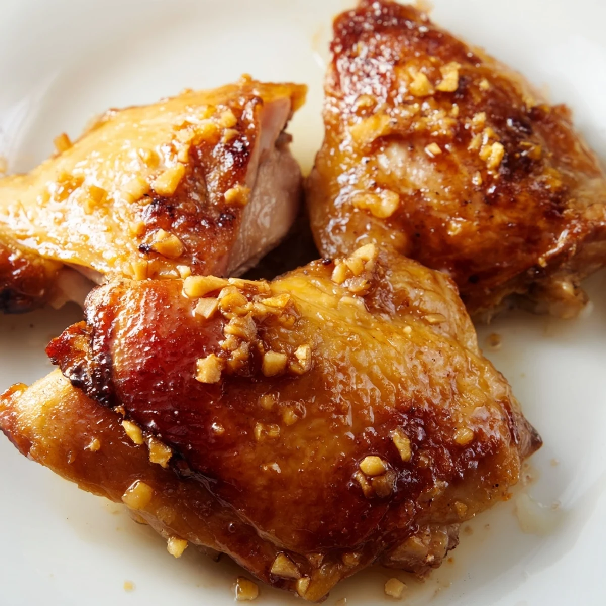 Tender marinated chicken pieces arranged on serving platter with dark savory pan juices