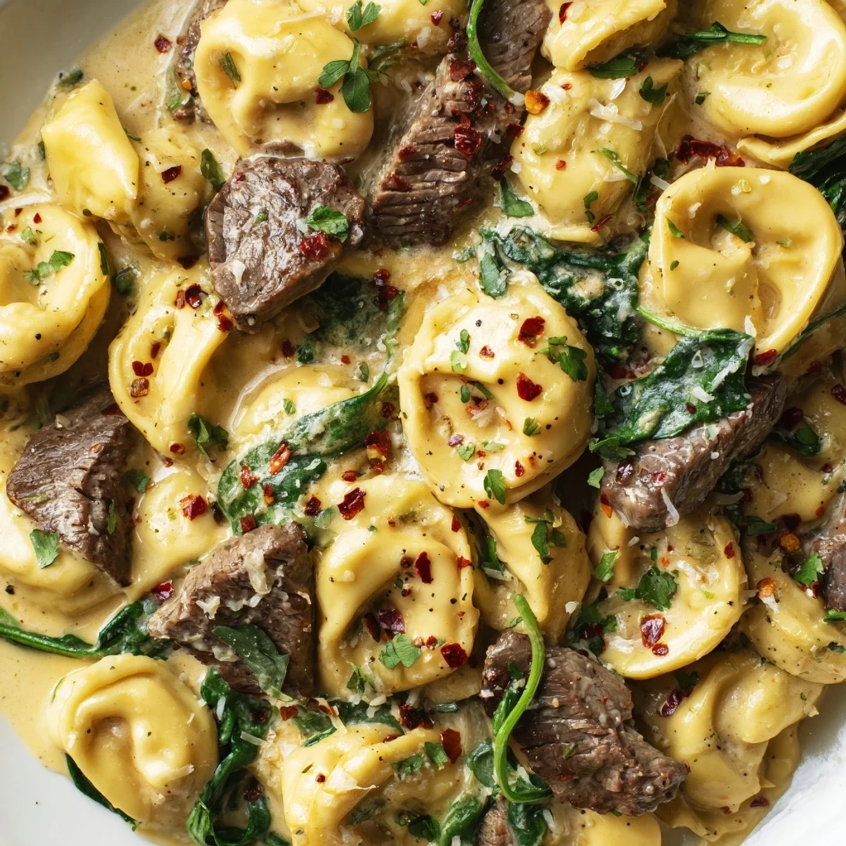 Savory garlic steak tortellini plated with fresh parsley and grated Parmesan cheese topping