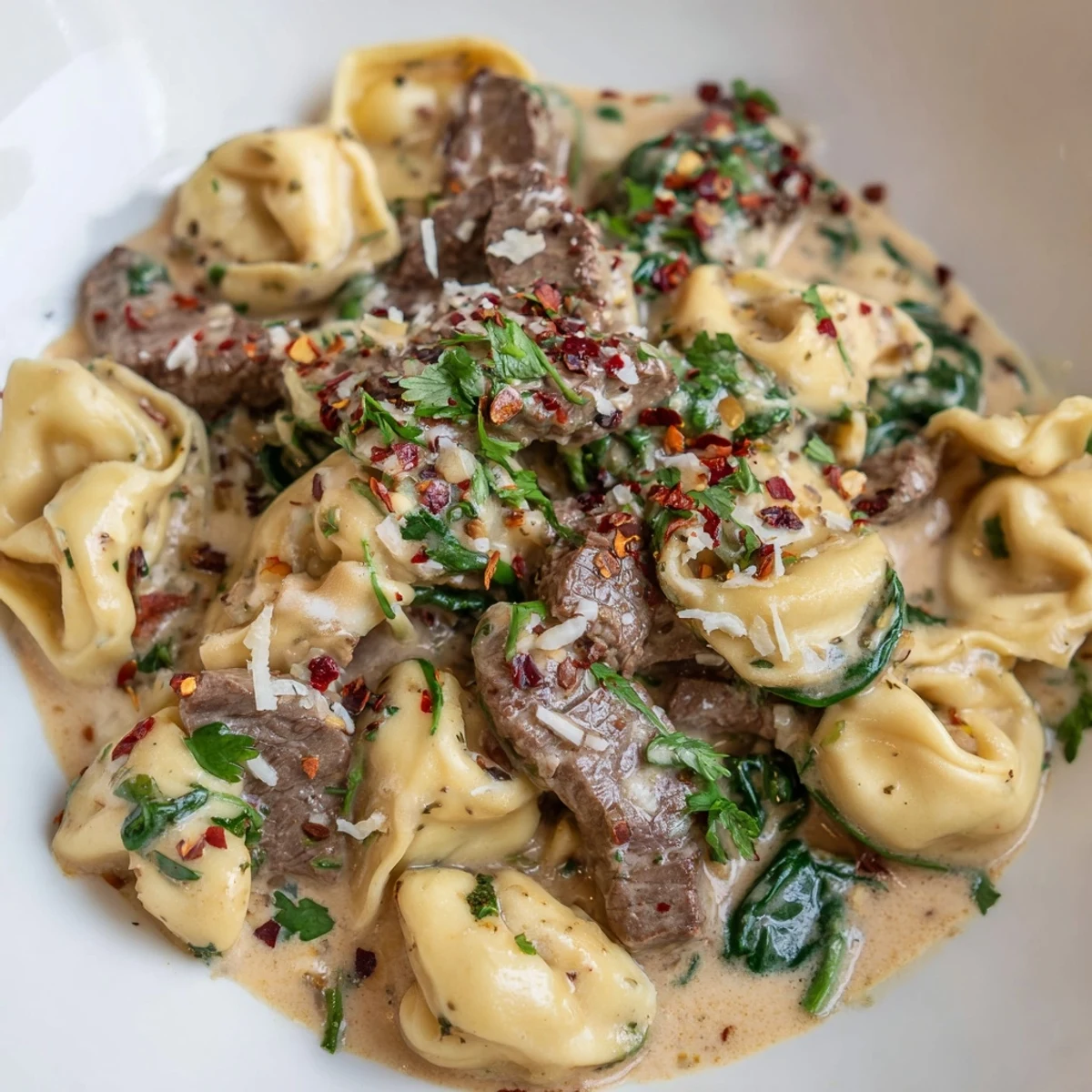 Golden brown steak strips and cheese tortellini swirl in a creamy garlic Parmesan sauce