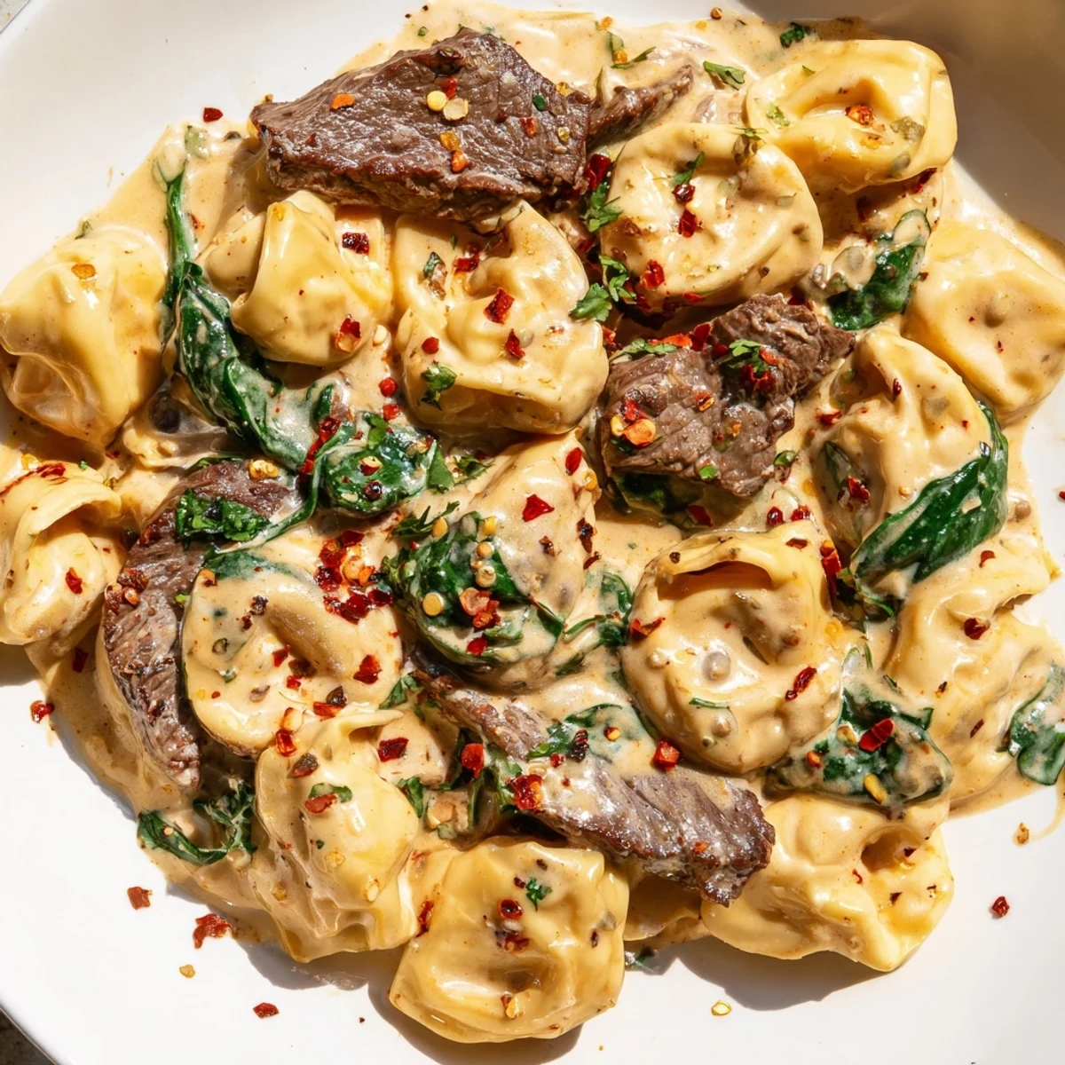 Rich and creamy garlic steak tortellini featuring tender beef and spinach in white sauce