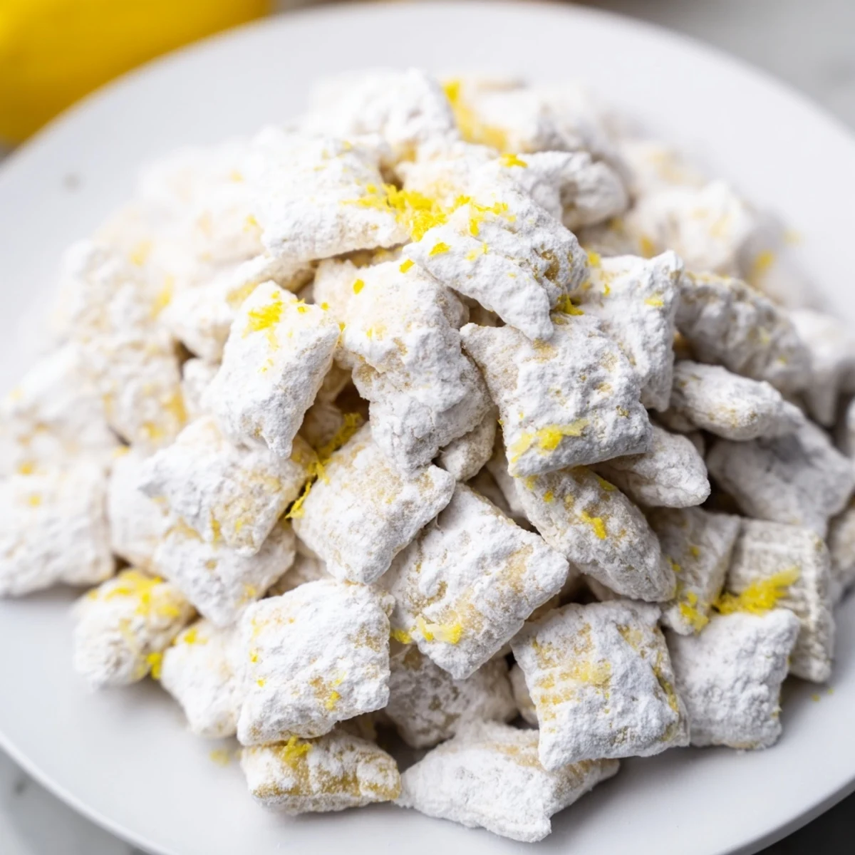 Zesty lemonade puppy chow recipe with fresh lemon zest and sugary white coating