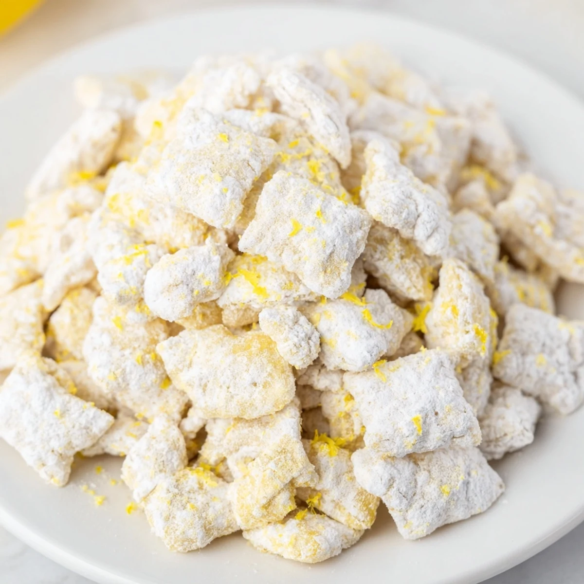 Golden lemonade puppy chow snack coated in white chocolate and powdered sugar