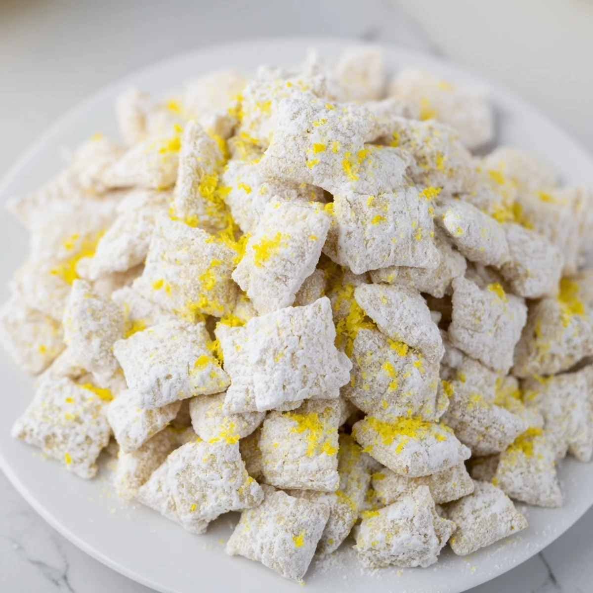 White chocolate lemonade puppy chow snack sprinkled with powdered sugar for summer parties