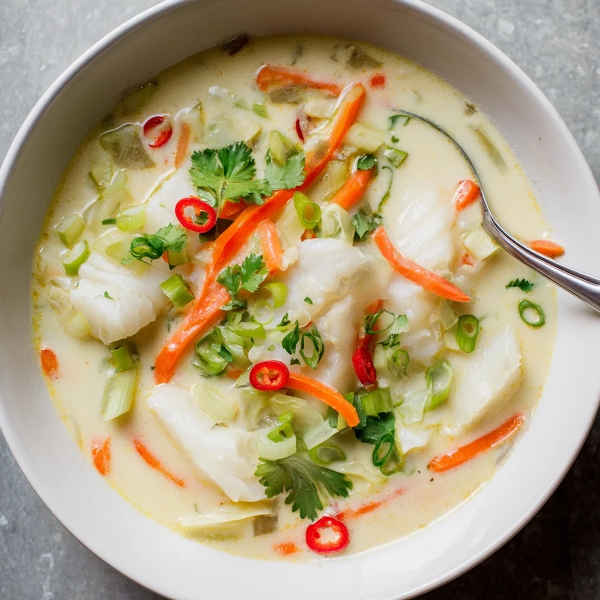 Creamy coconut lime fish soup featuring tender white fish pieces in a silky broth garnished with fresh cilantro and green onions.