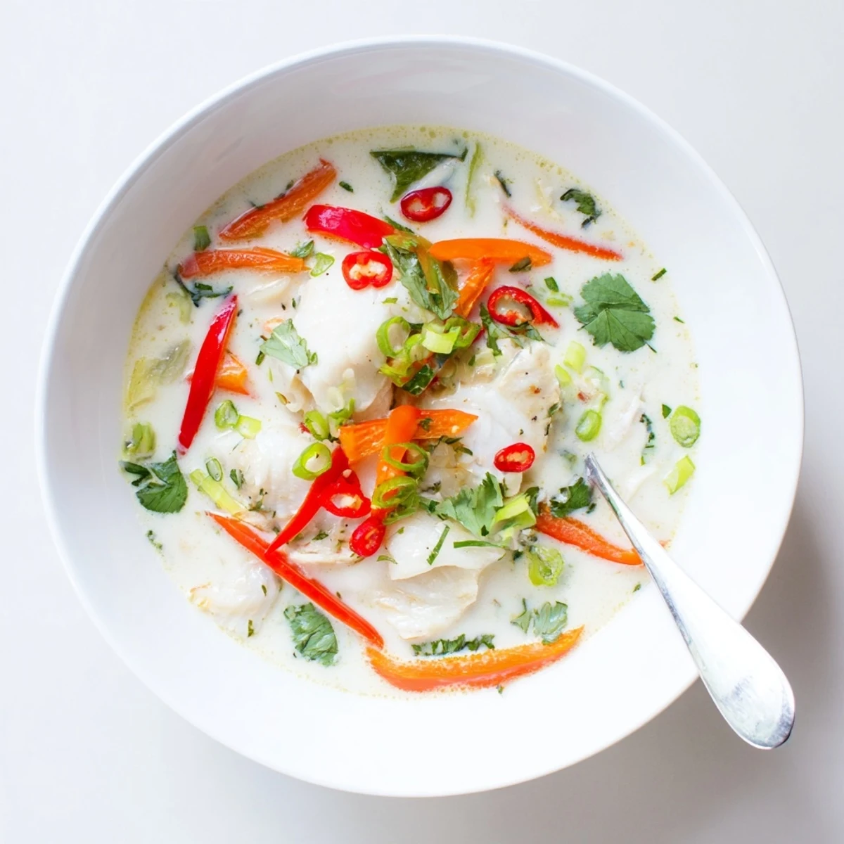 Steaming coconut lime fish soup with flaky cod, vibrant red pepper slices, and chopped cilantro served in a white bowl.