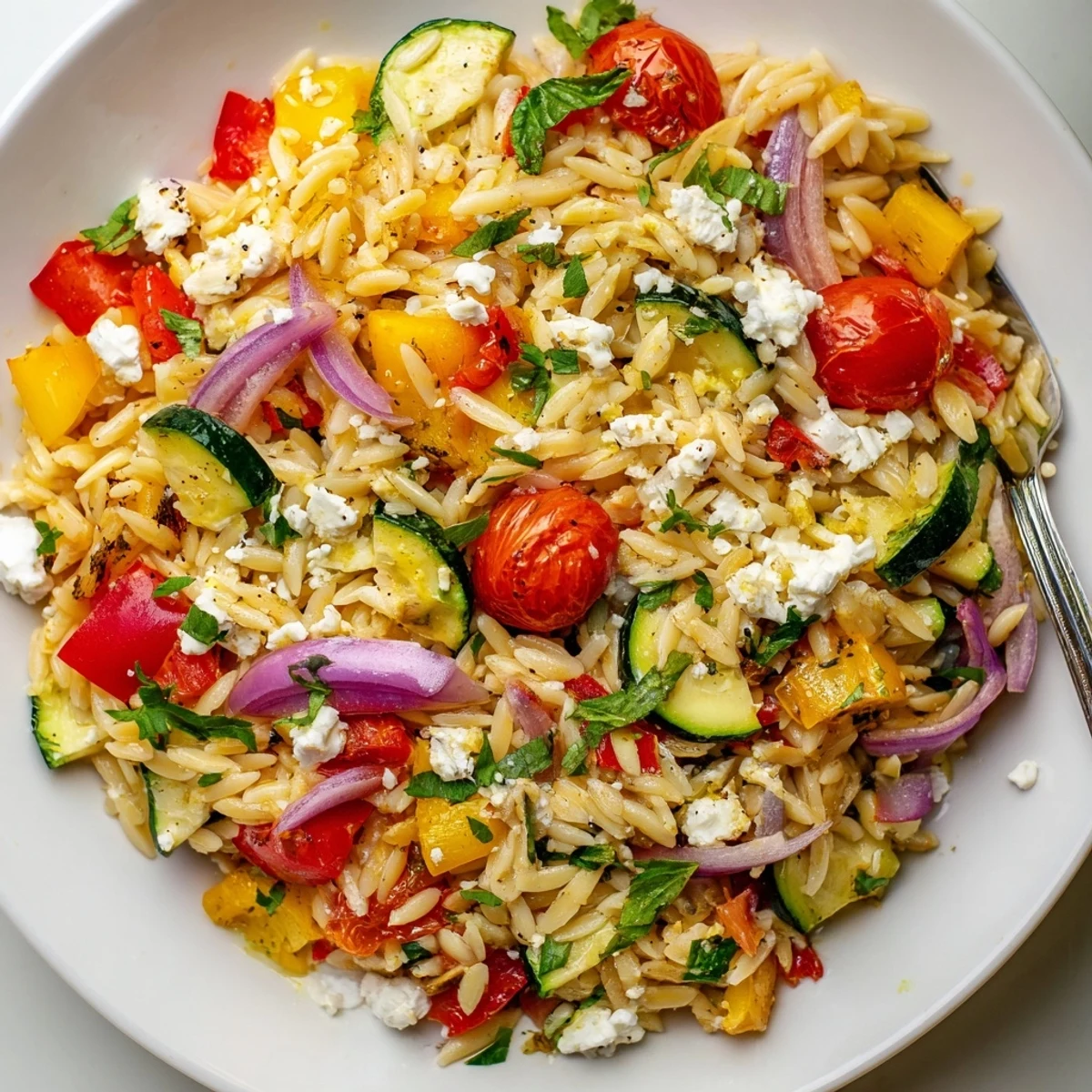 Golden bowl of tasty roasted vegetable orzo topped with crumbled feta and fresh basil