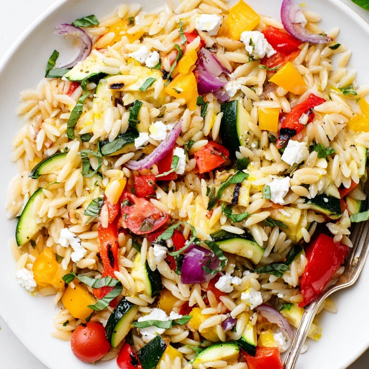 Colorful mediterranean tasty roasted vegetable orzo featuring zucchini peppers and cherry tomatoes