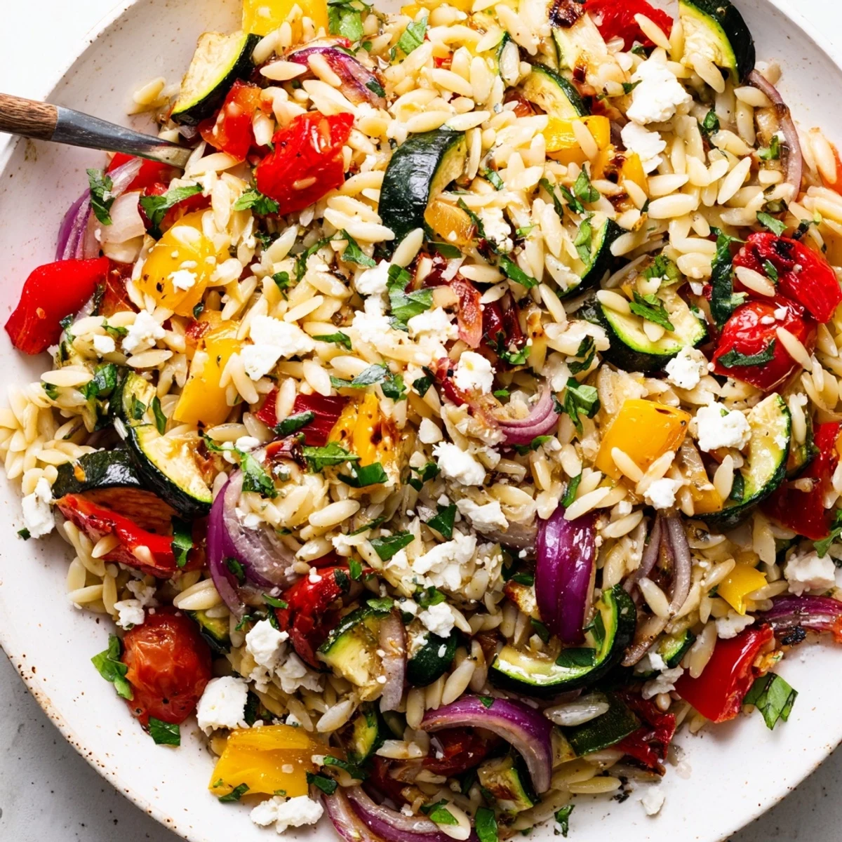 Plate of tasty roasted vegetable orzo garnished with lemon zest and chopped parsley