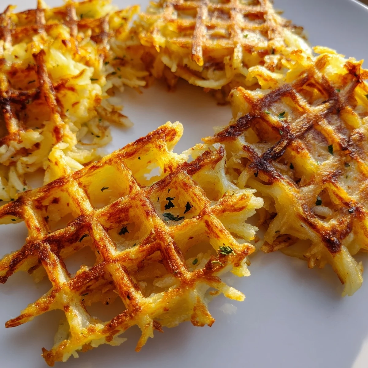 Golden brown crispy waffle iron hashbrowns arranged on a white serving plate
