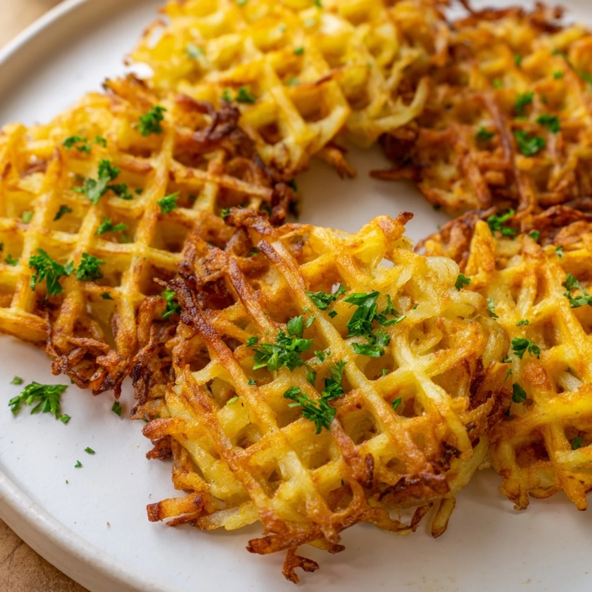 Deeply golden waffle iron hashbrowns with crunchy ridges ready for breakfast