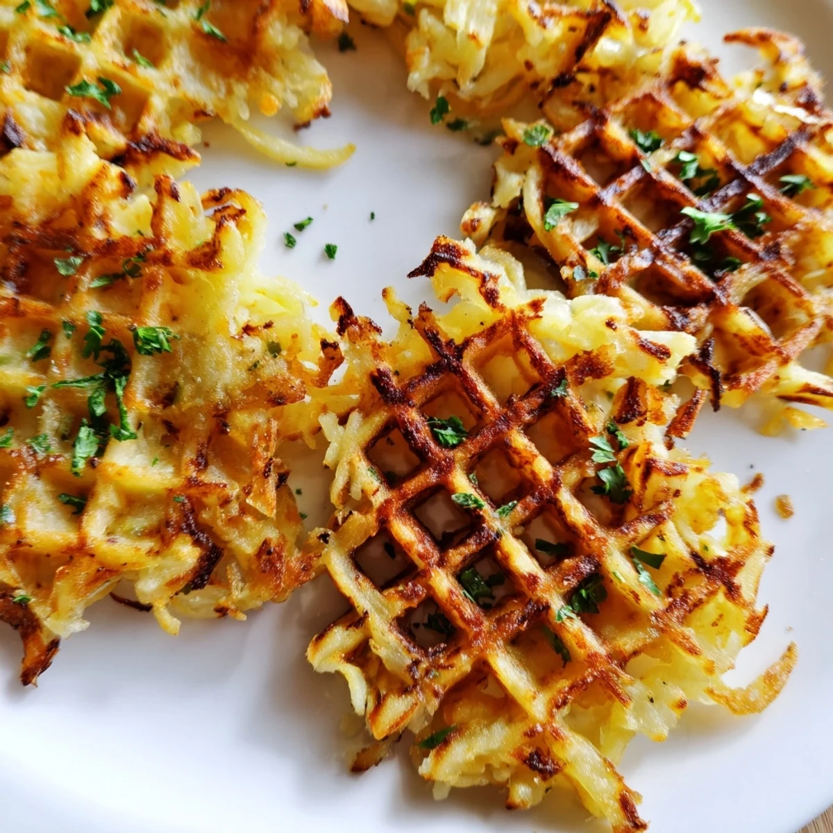 Steam rising from hot crispy waffle iron hashbrowns on a wooden board