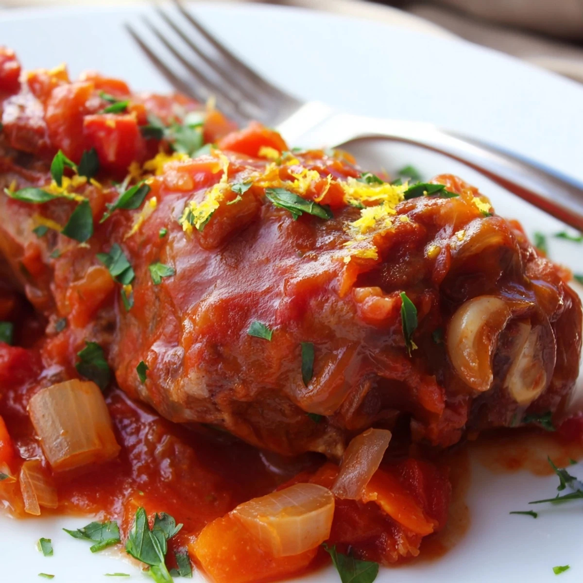 Golden-brown veal shanks braised in rich tomato wine sauce with tender meat falling off the bone