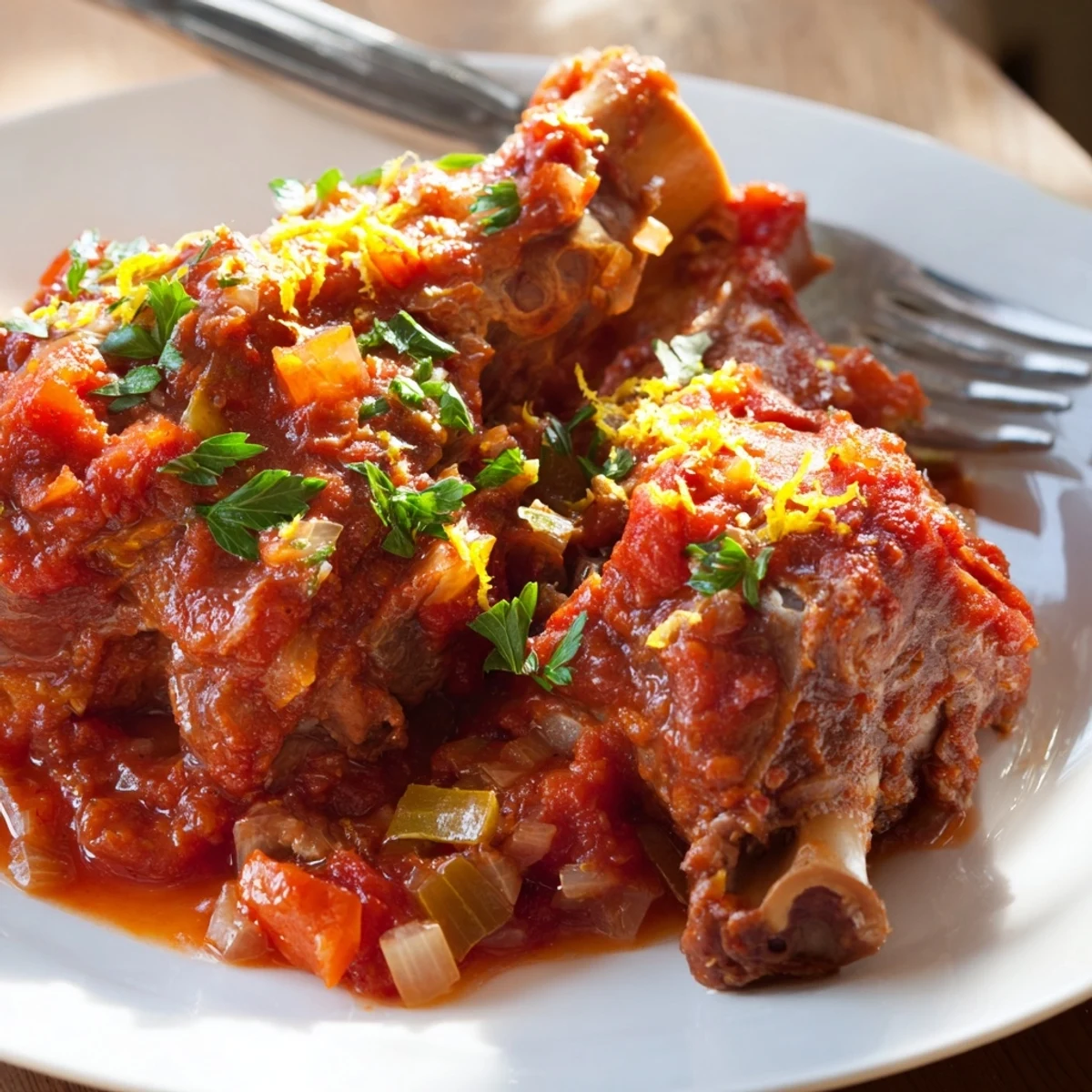 Braised veal shanks Osso Buco garnished with fresh gremolata over rustic Italian dinner table setting