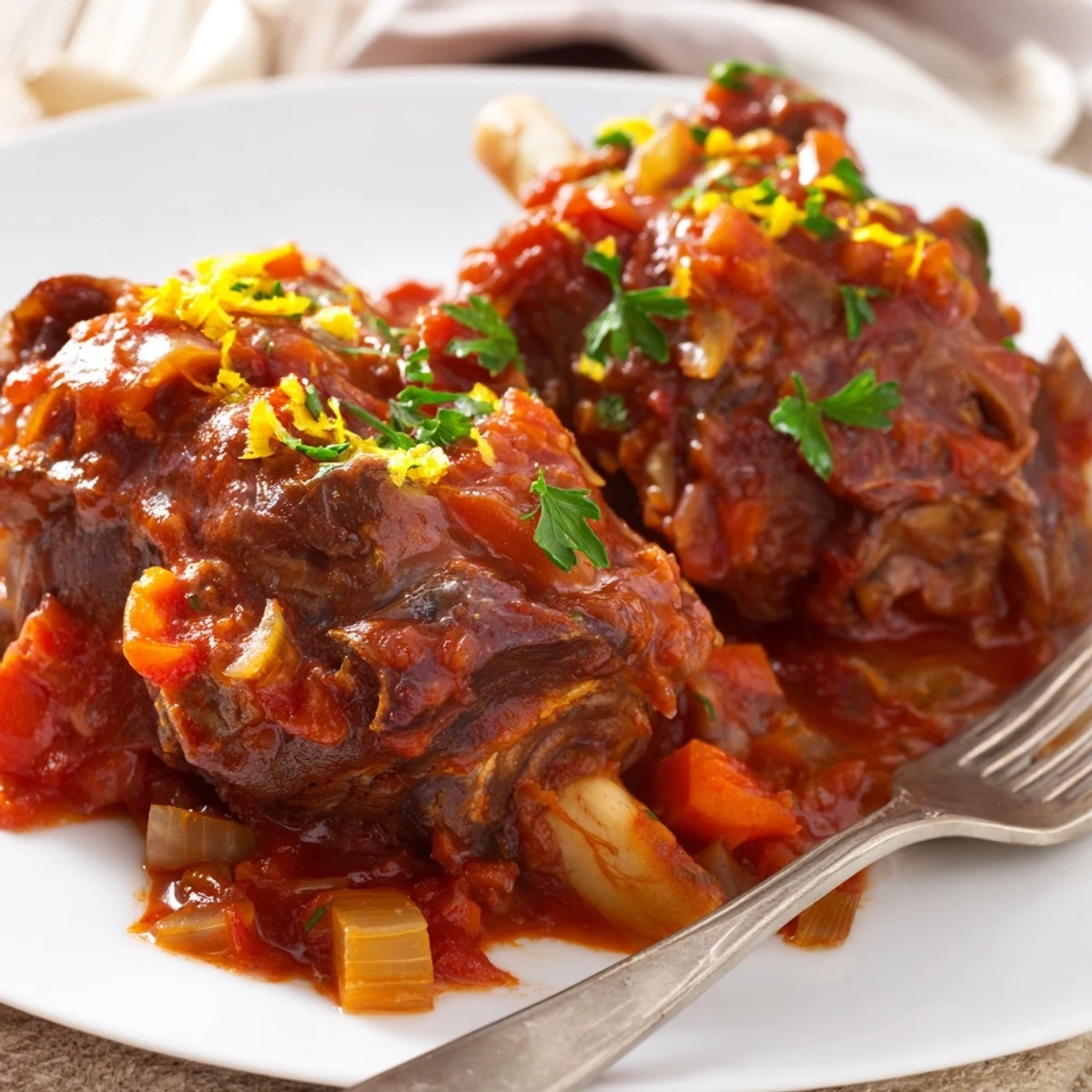 Ina Garten's Osso Buco featuring fork-tender veal swimming in savory red tomato and white wine reduction