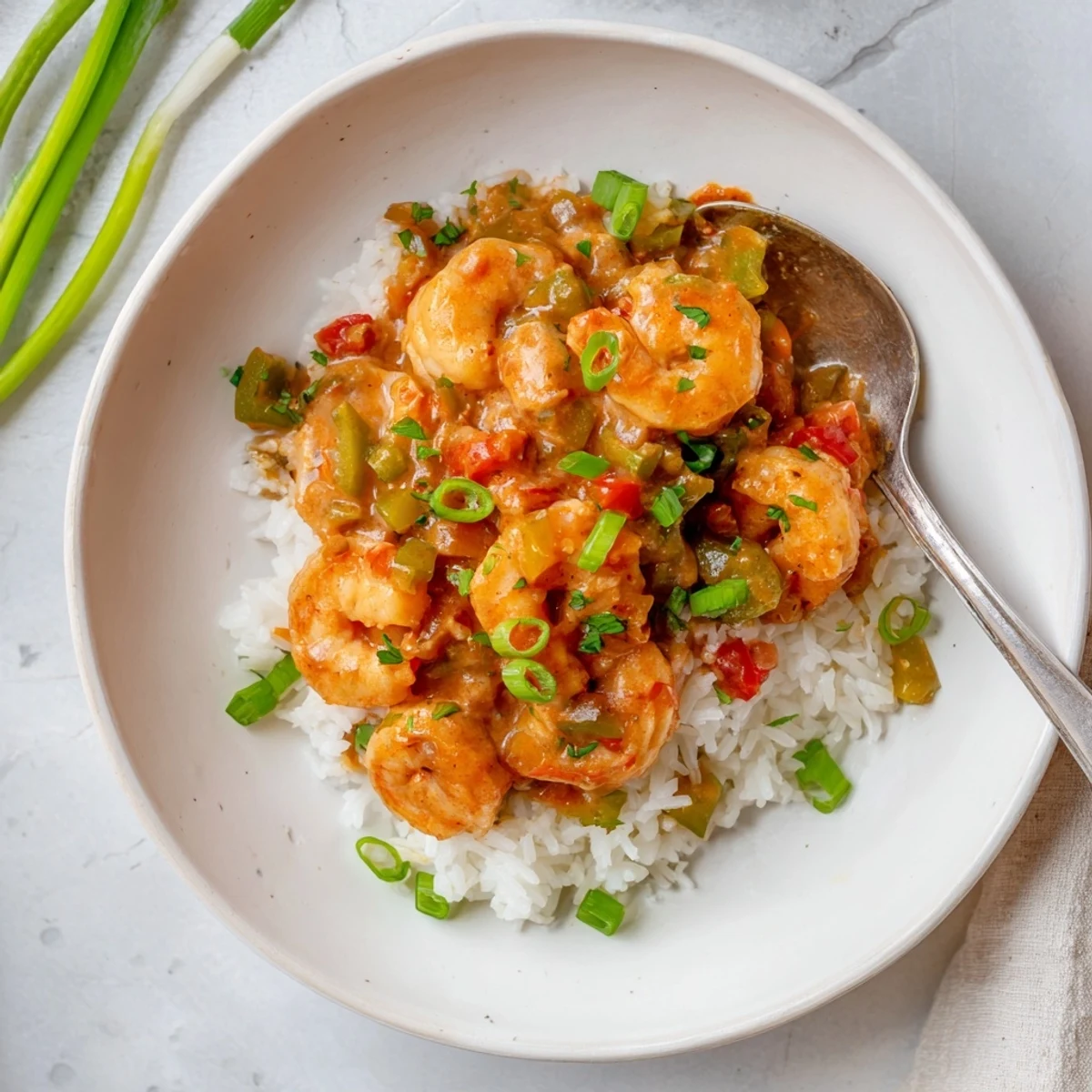 Golden brown shrimp étouffée served over fluffy white rice with fresh green onion garnish