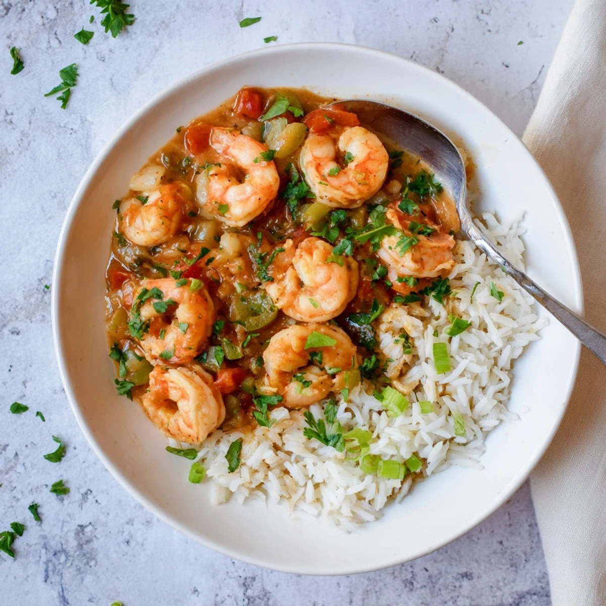 Creamy Louisiana shrimp étouffée in a rich roux sauce with diced tomatoes and parsley