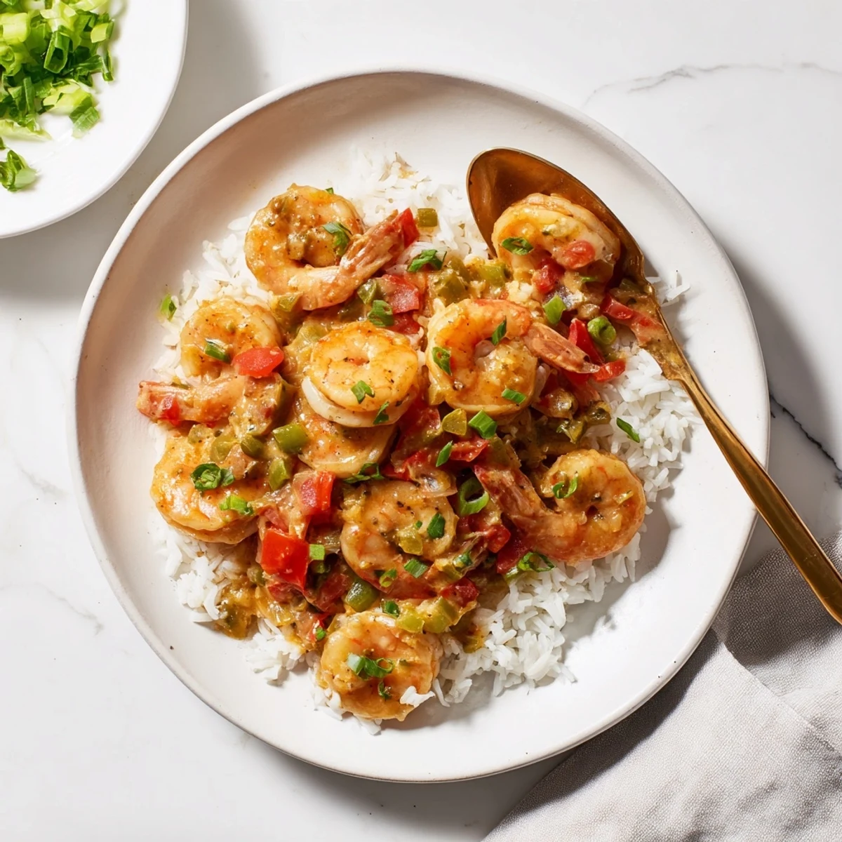 Savory Cajun shrimp étouffee plated over steaming white rice with lemon wedges on the side