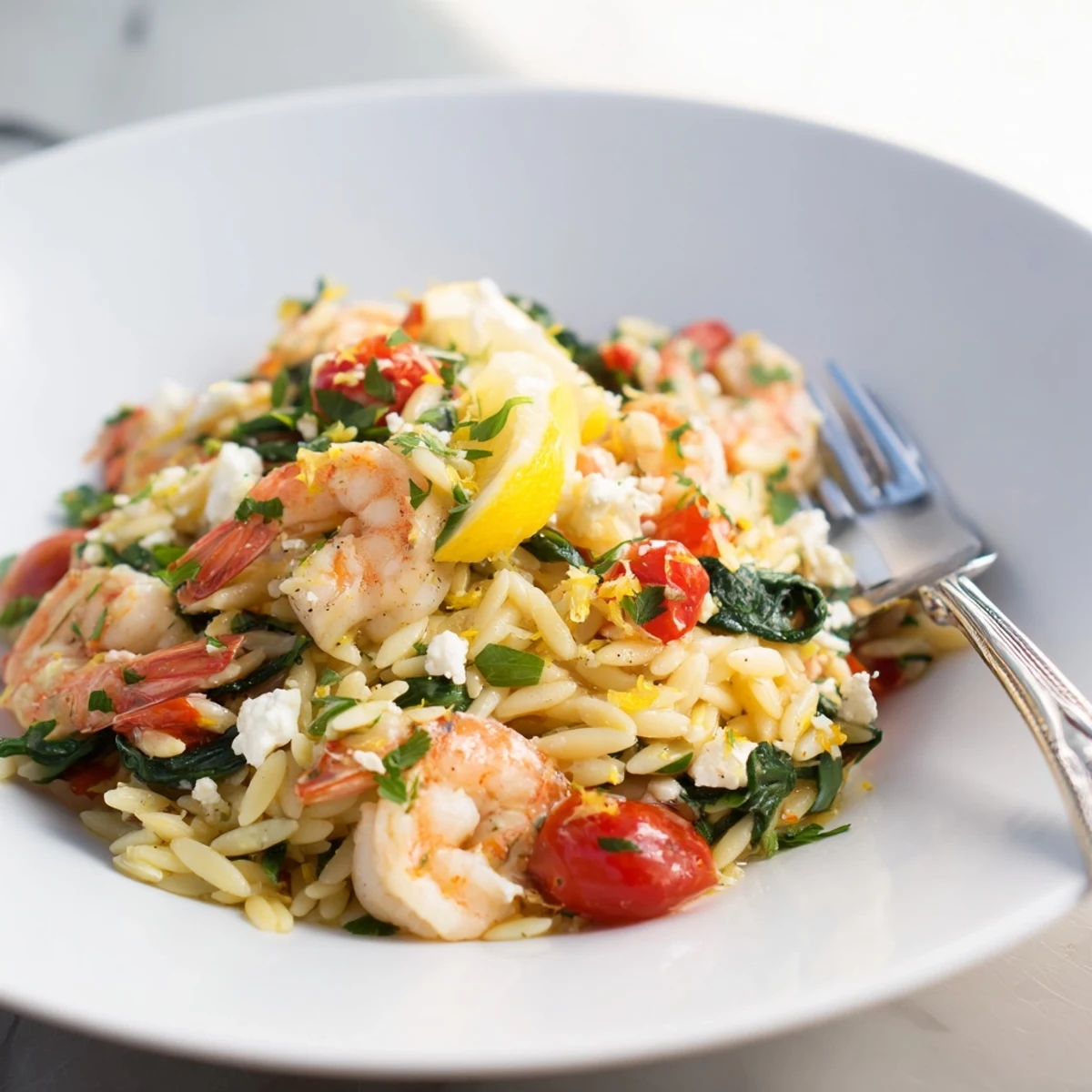 Golden seared shrimp nestled in lemon feta orzo with vibrant cherry tomatoes and fresh spinach