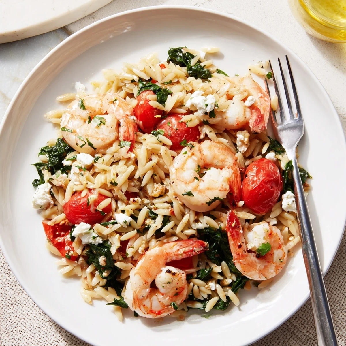 Creamy orzo pasta tossed with tender shrimp and crumbled feta in a bright lemon garlic sauce