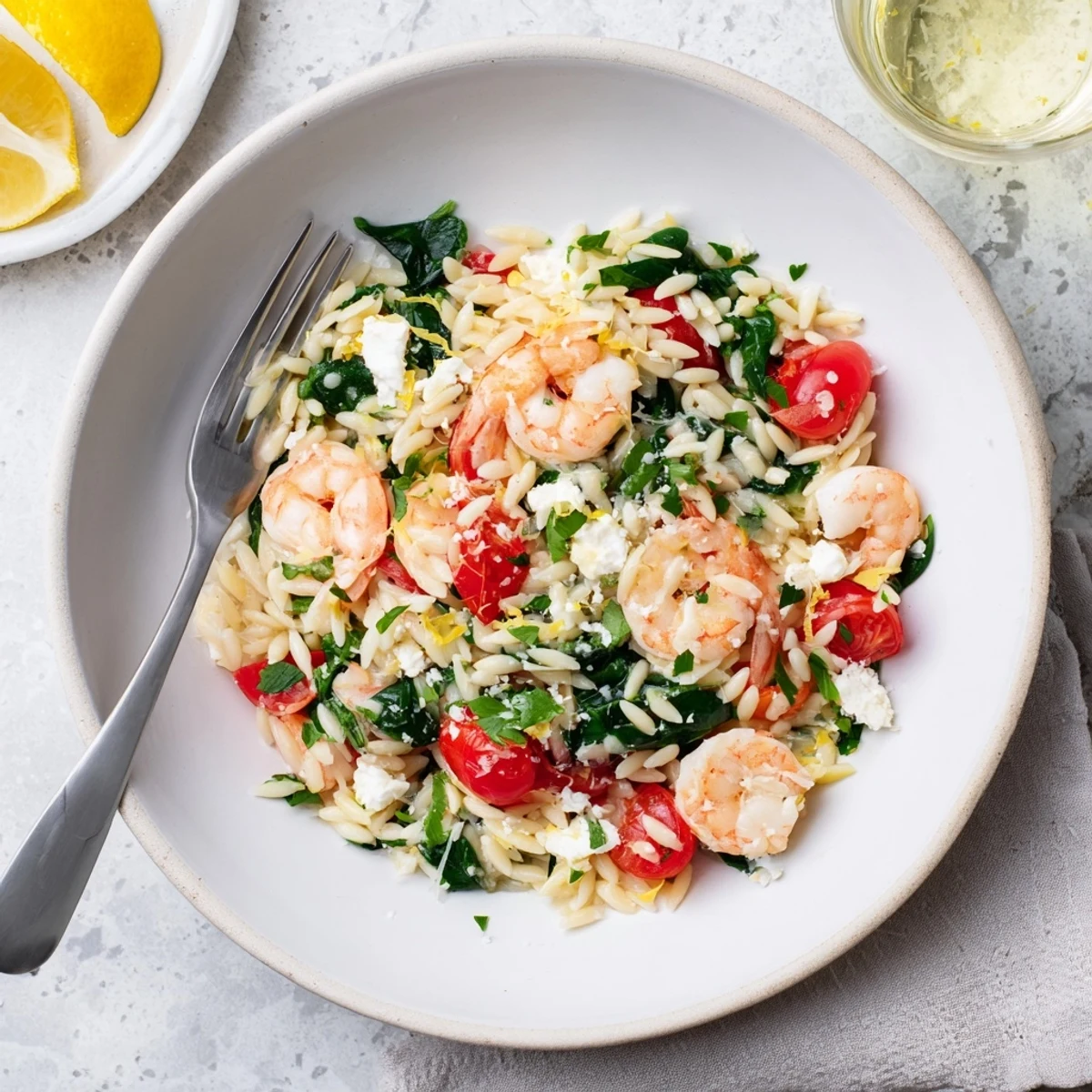 Mediterranean lemon feta orzo shrimp topped with fresh parsley and served in a shallow white bowl