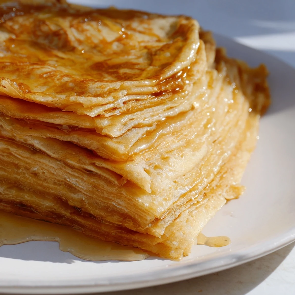 Golden brown Meloui Moroccan pancakes drizzled with honey on a rustic serving plate