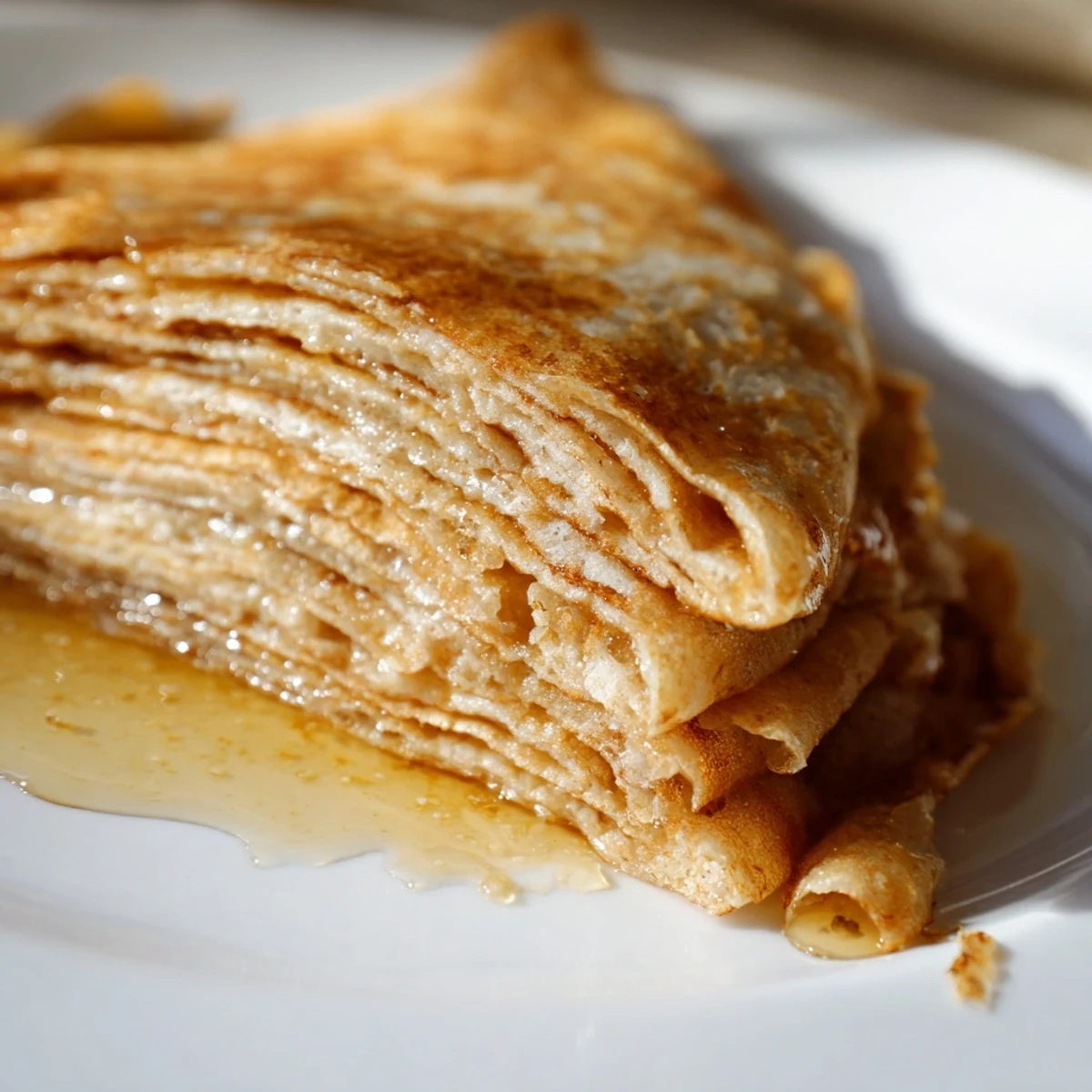Flaky layered Meloui pancake stacked warm with butter and semolina dusting visible