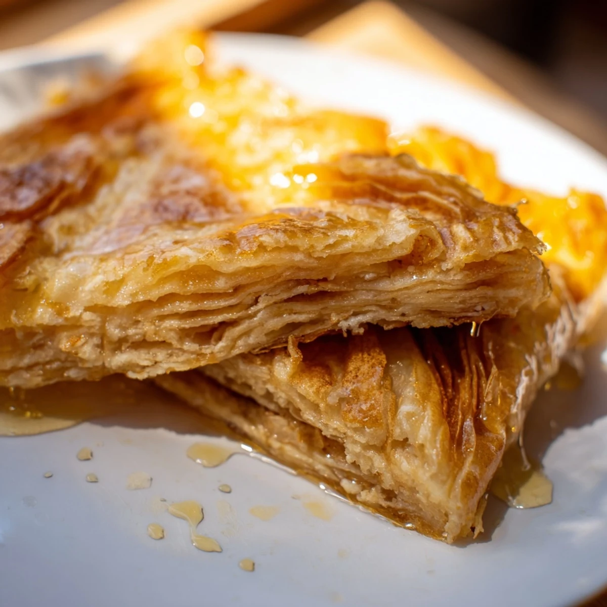 Homemade Meloui breakfast pancakes freshly cooked on skillet with honey pouring over top