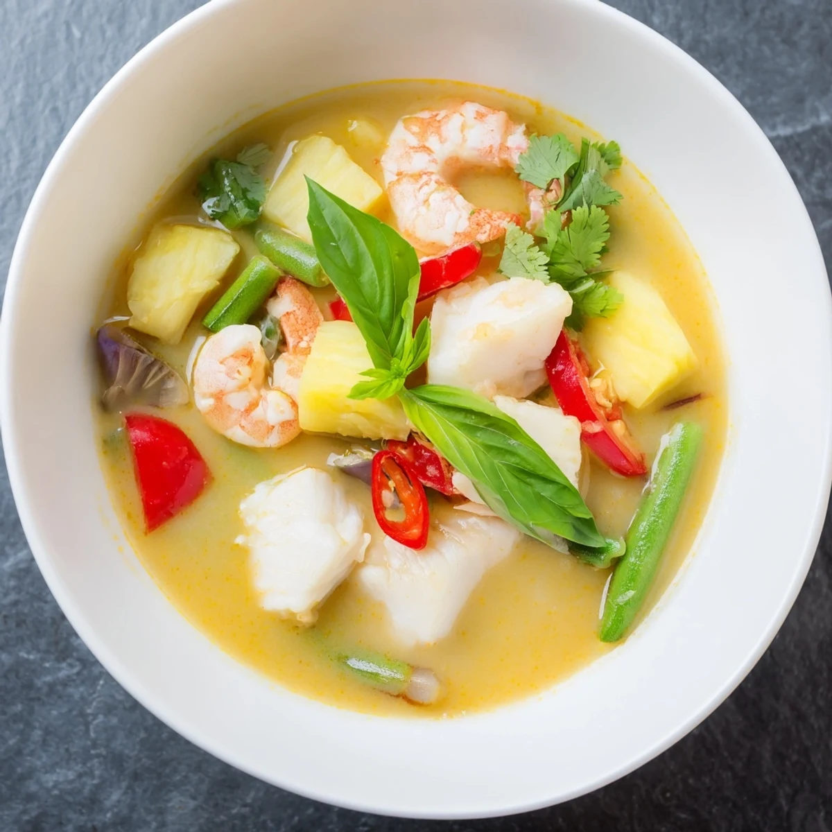 Golden bowl of Vietnamese Canh Chua soup with tender fish chunks, pineapple pieces, and vibrant green herbs garnish.