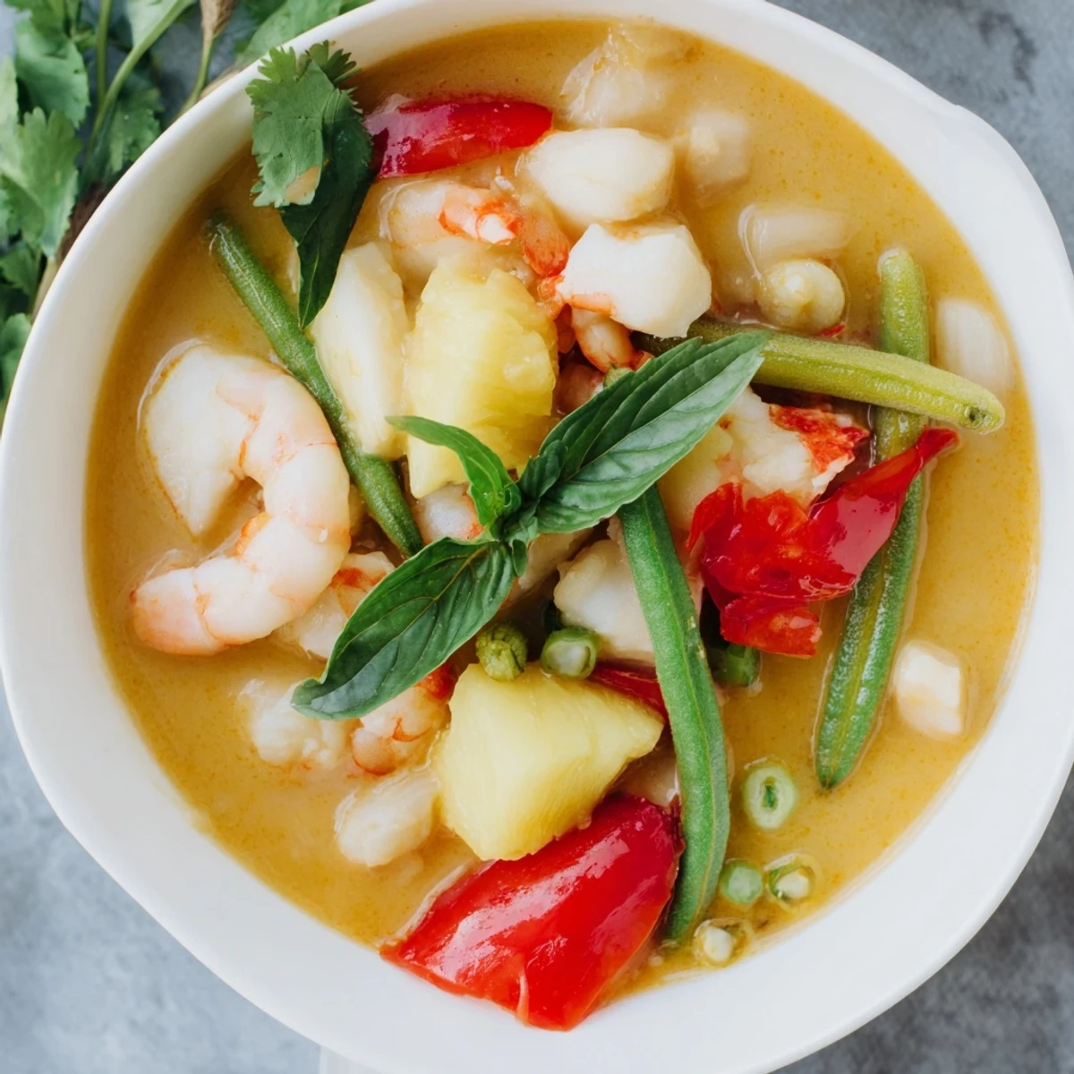 Steamy Canh Chua Vietnamese sour soup featuring floating tomato wedges, okra slices, and fresh cilantro in aromatic broth.