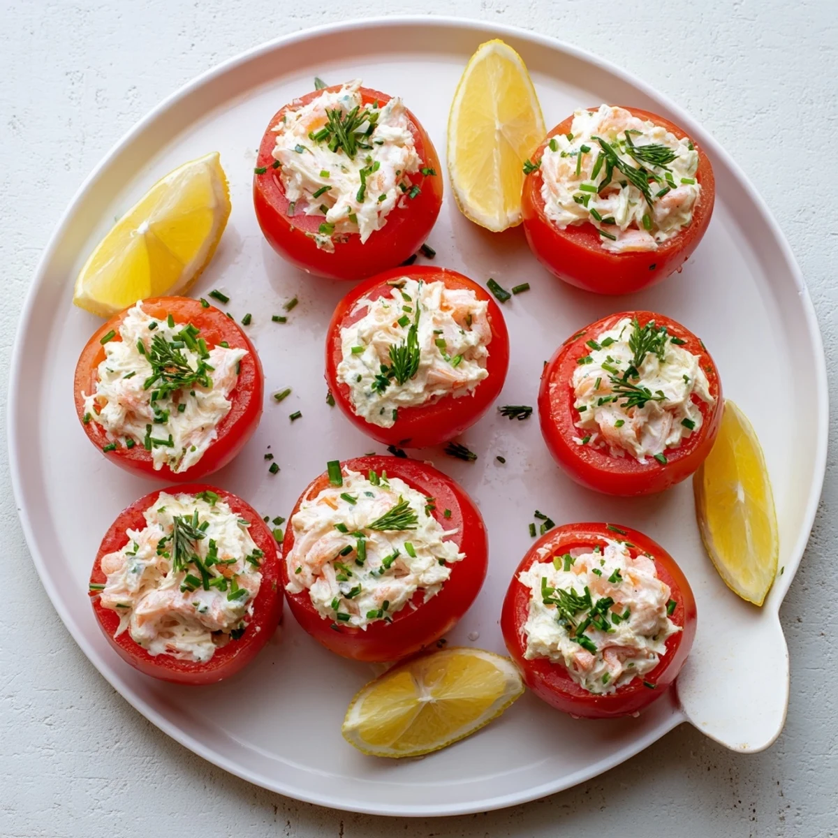 Ripe red tomato halves stuffed with classic Belgian gray shrimp salad topped with chopped parsley and chives