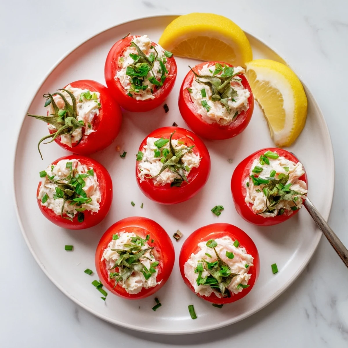 Golden Belgian tomatoes aux crevettes filled with creamy pink shrimp salad and fresh green herbs on a white serving platter