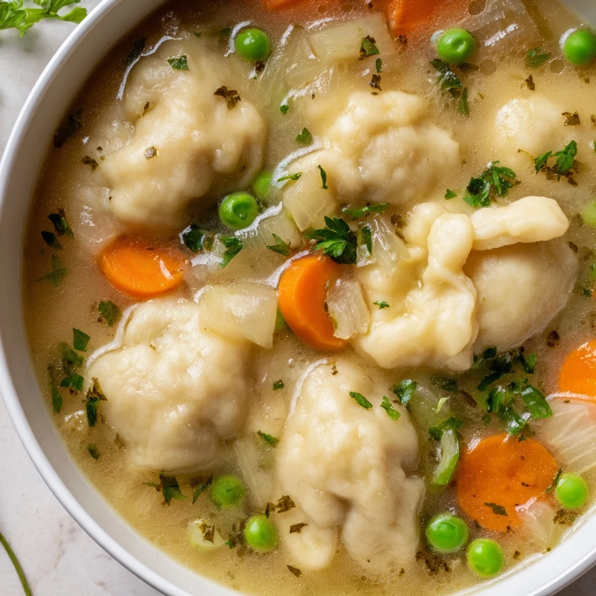 Steaming bowl of vegetarian dumpling soup with tender fluffy dumplings, carrots, celery, and fresh green peas in savory broth