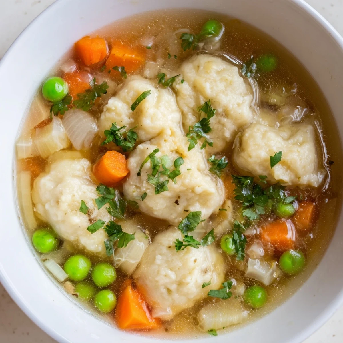 Homemade dumpling soup featuring soft parsley dumplings simmered in aromatic vegetable broth with colorful diced vegetables