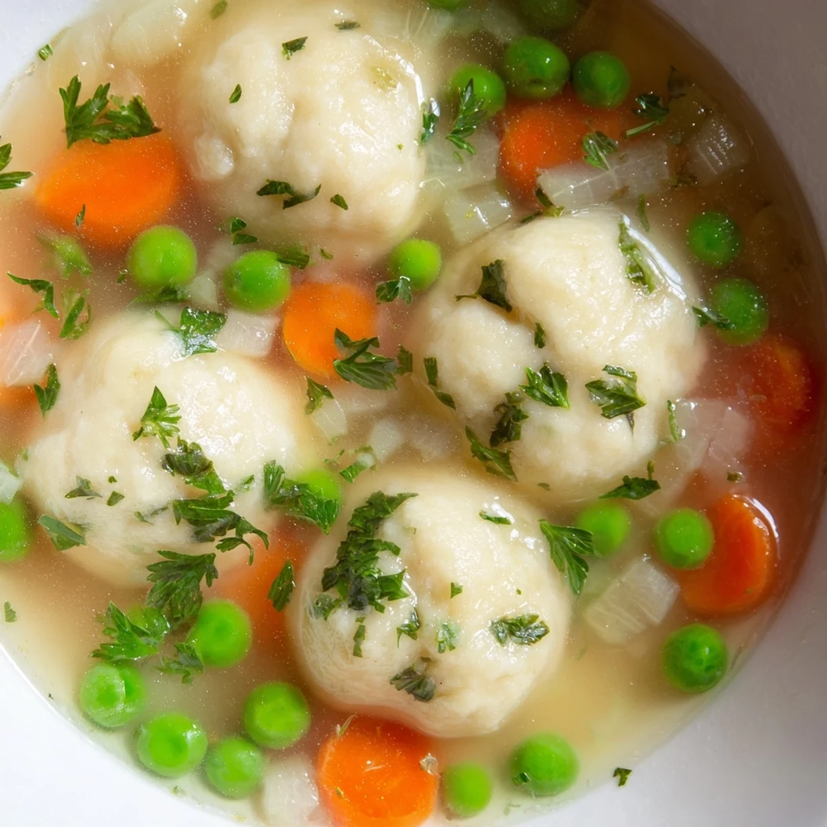 Comforting dumpling soup with pillowy dough dumplings floating in rich seasoned broth garnished with fresh dill and peas