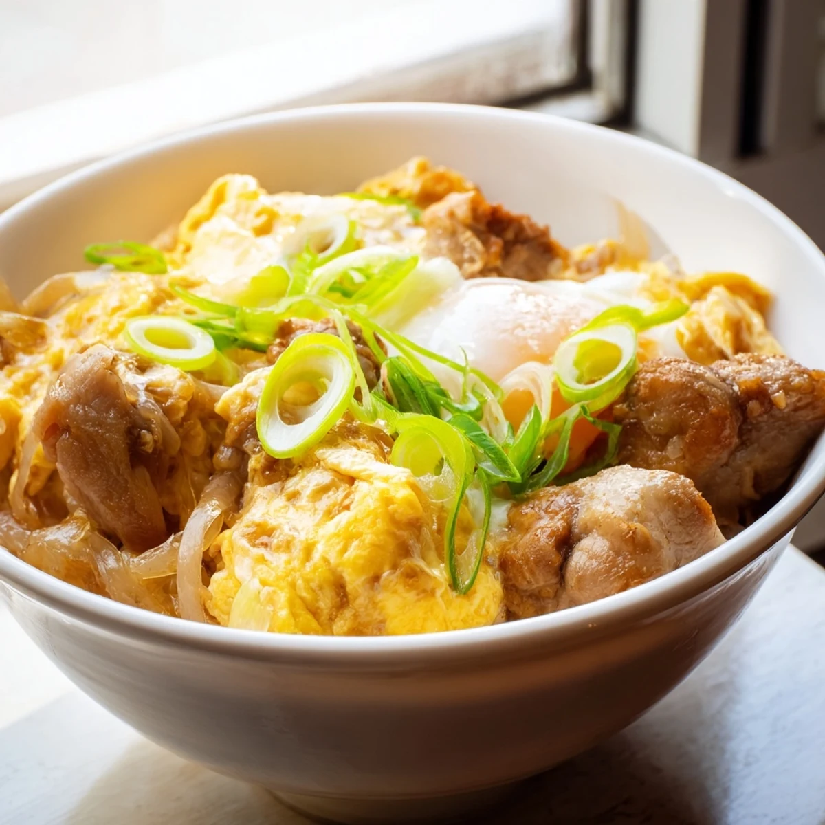 Steaming bowl of Oyakodon featuring fluffy egg and tender chicken over white rice