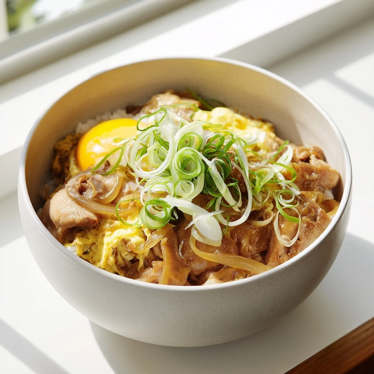 Golden Oyakodon served in traditional donburi bowl with fresh spring onion garnish