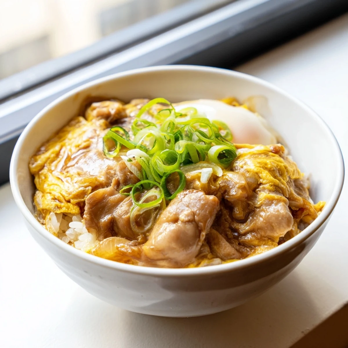 Comforting Oyakodon with savory simmered chicken onions and silky eggs atop rice