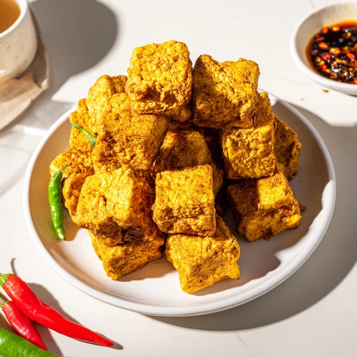 Golden crispy Tahu Sumedang served on a white plate with fresh green chilies
