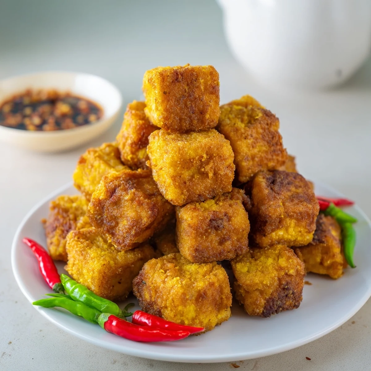 Deep fried Indonesian tofu cubes with golden batter and fluffy soft interior texture
