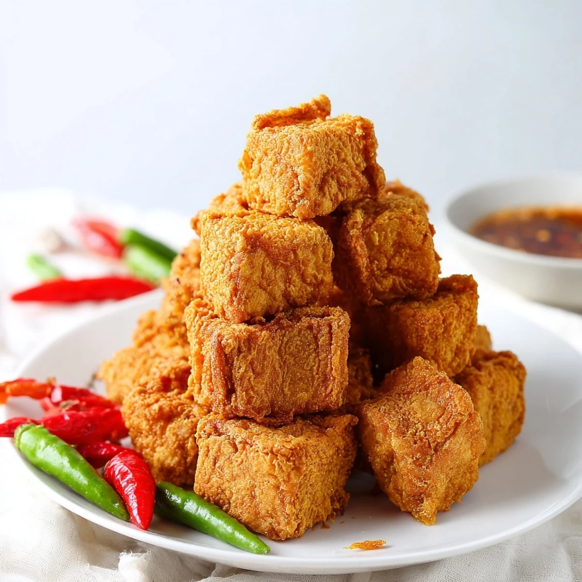 Plate of Tahu Sumedang appetizers featuring crispy golden coating and sweet soy sauce dip