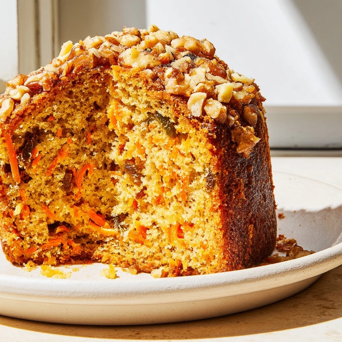 Moist Greek yogurt carrot cake sprinkled with powdered sugar on a white serving plate