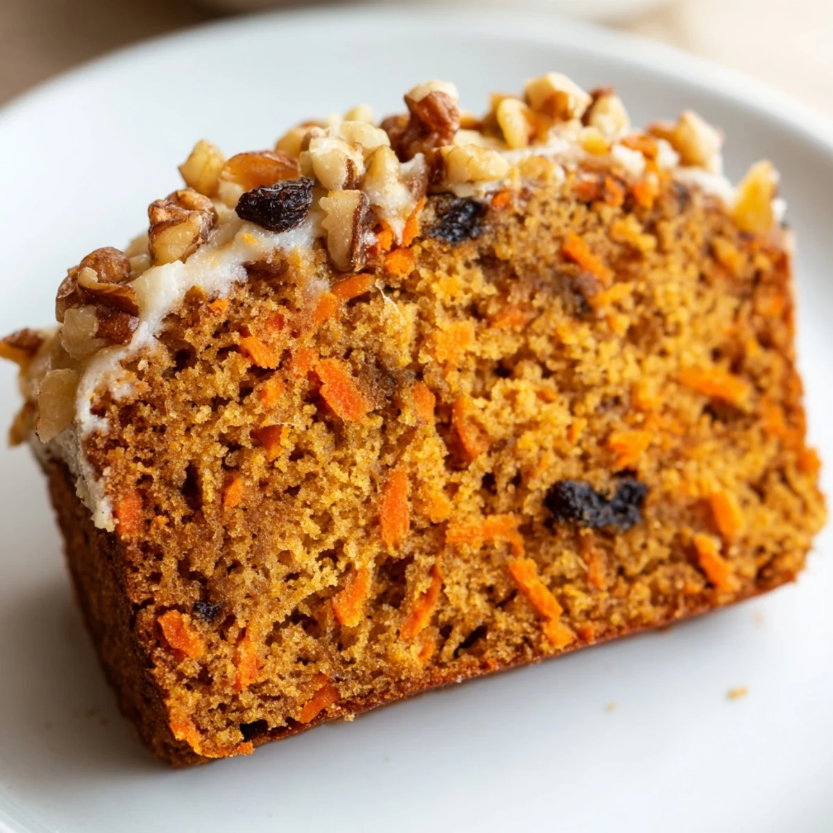 Spiced carrot cake made with Greek yogurt topped with walnut pieces and cream cheese frosting