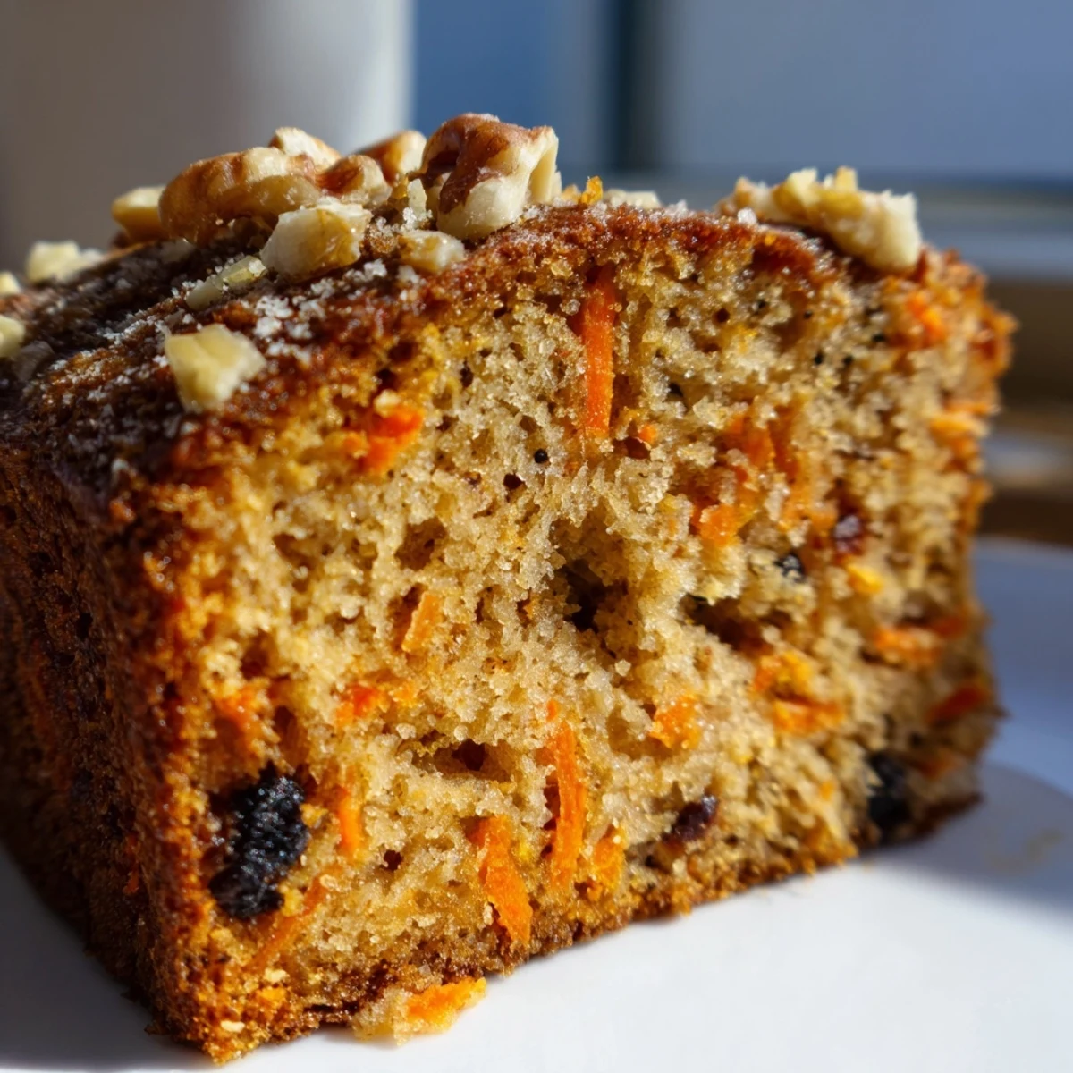 Slice of tender carrot cake with visible grated carrots and Greek yogurt frosting dollop