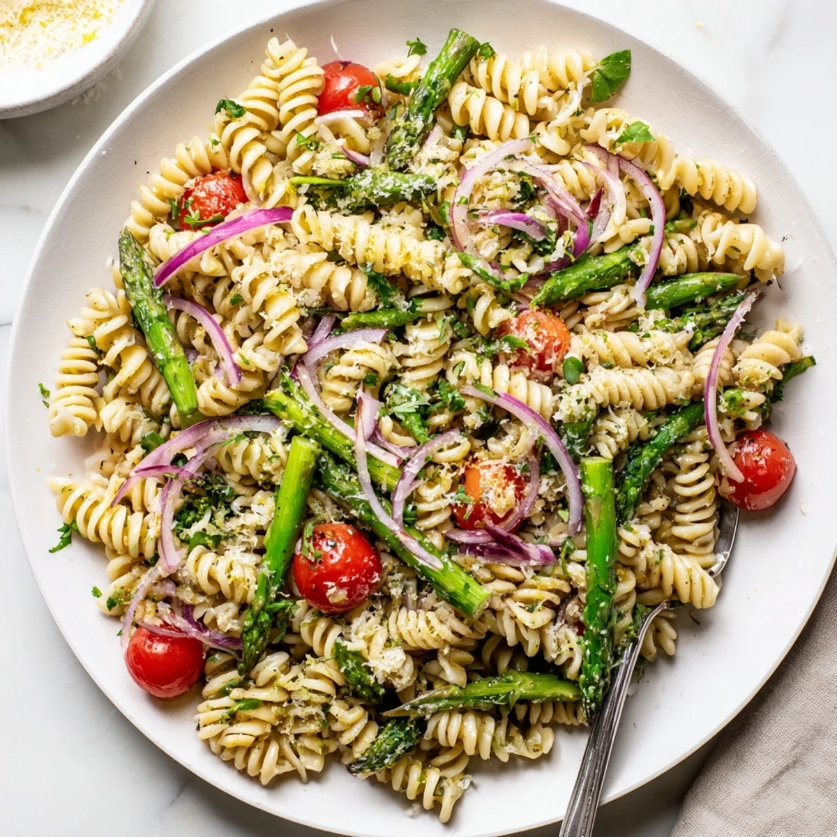 Fresh lemon asparagus pasta salad tossed with cherry tomatoes and red onion in a bowl