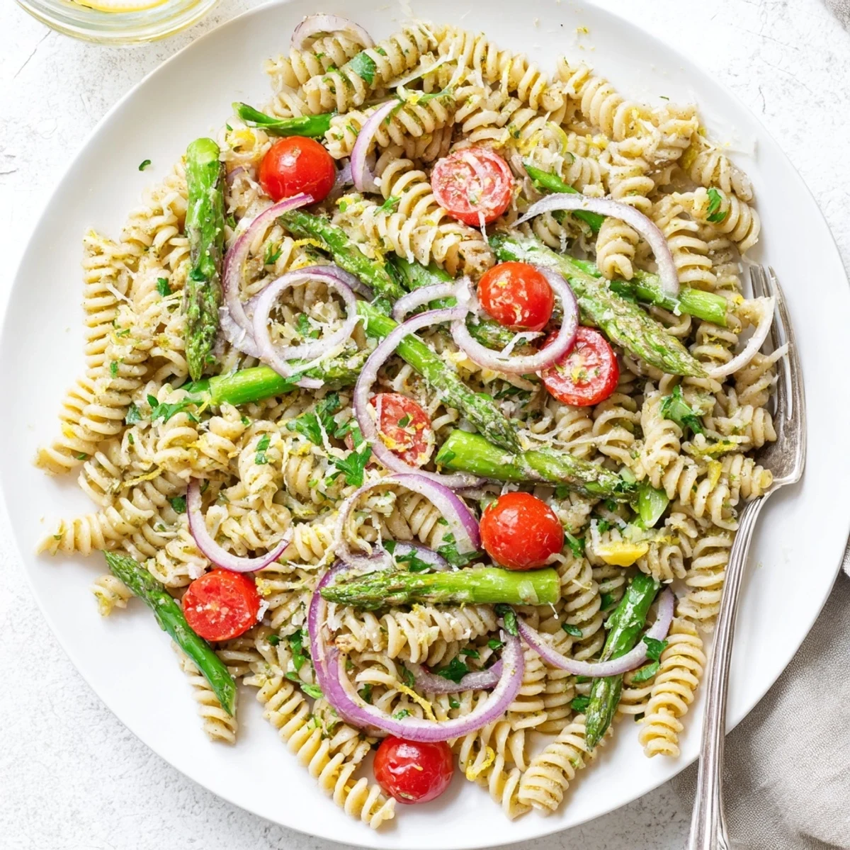 Colorful lemon asparagus pasta salad with fresh parsley garnish ready for spring gatherings