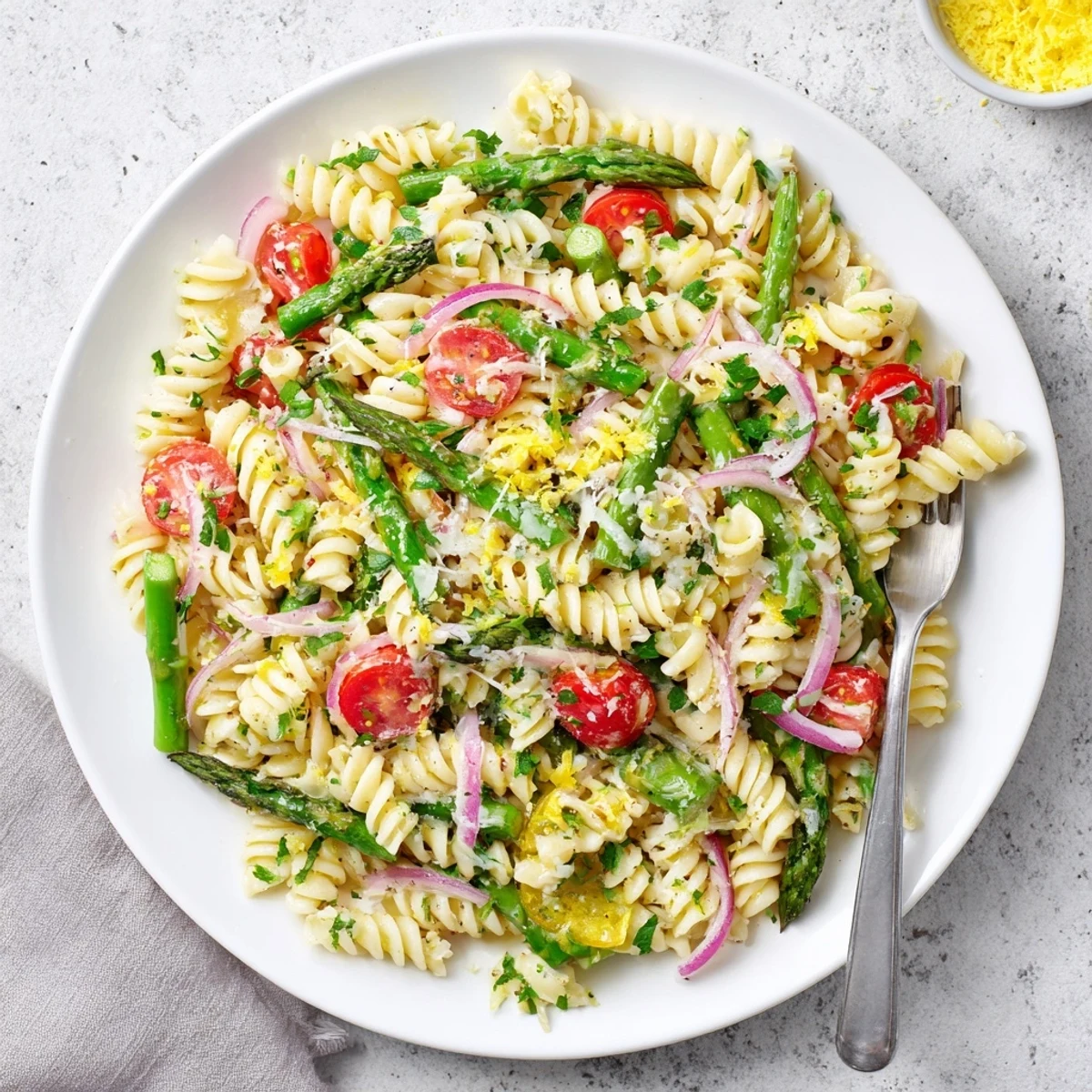 Bright lemon asparagus pasta salad featuring tender asparagus pieces and zesty lemon herb dressing