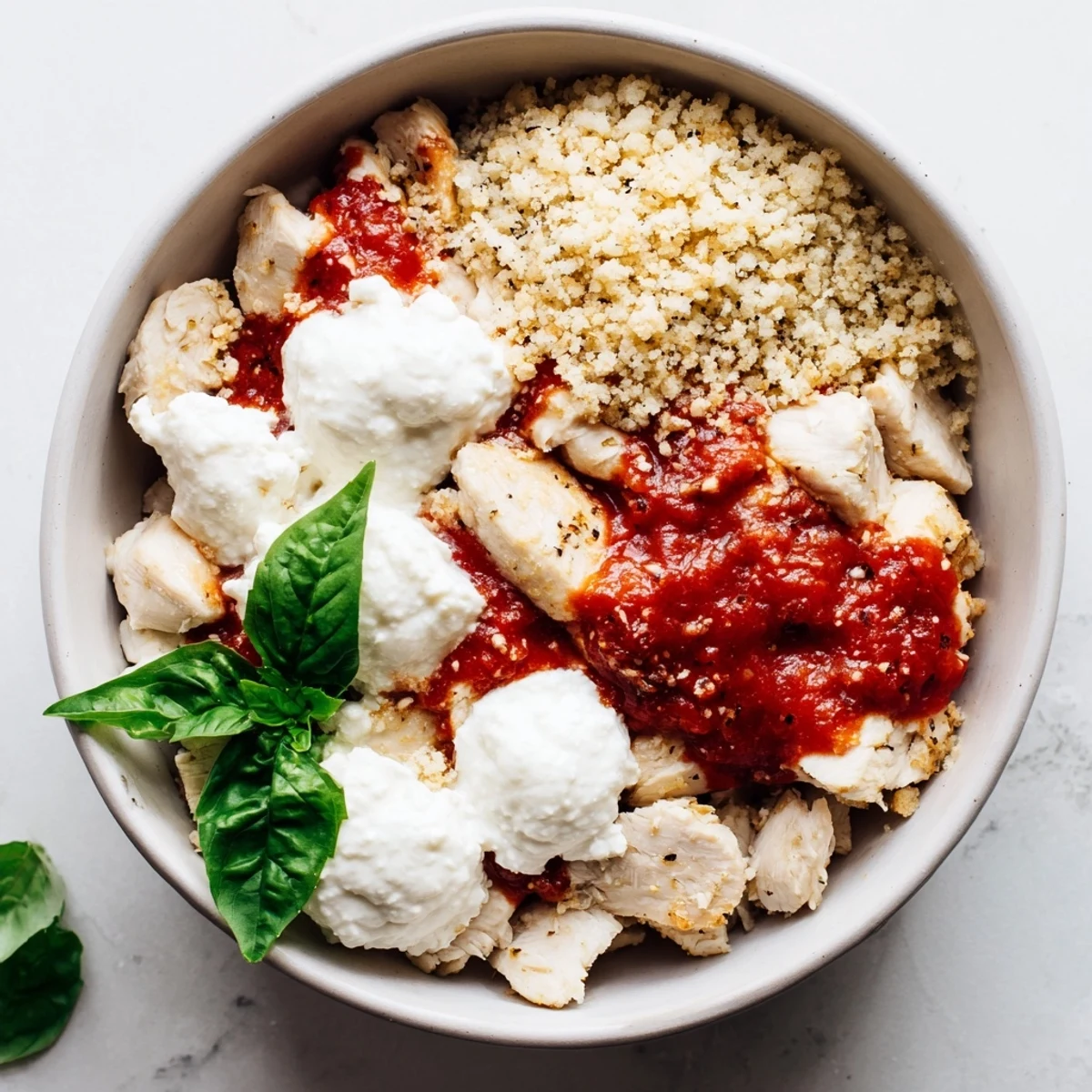 Steaming high protein chicken parmesan bowl with zesty tomato sauce and toasted panko garnish