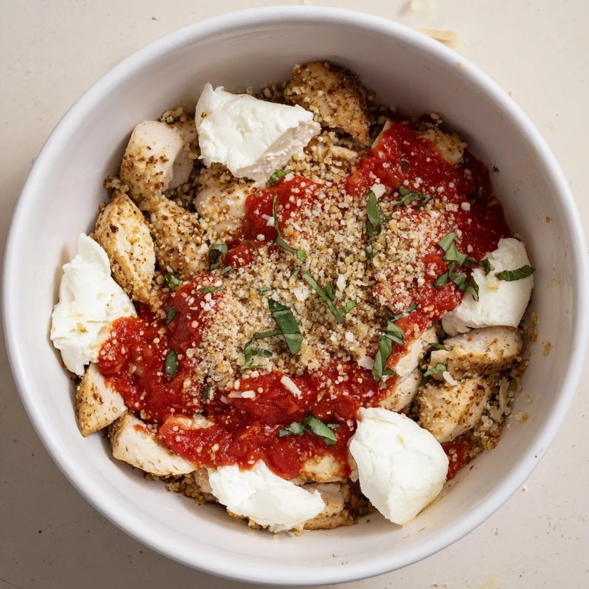 Crispy breadcrumb topped chicken parmesan bowl featuring marinara sauce and fluffy cottage cheese layers