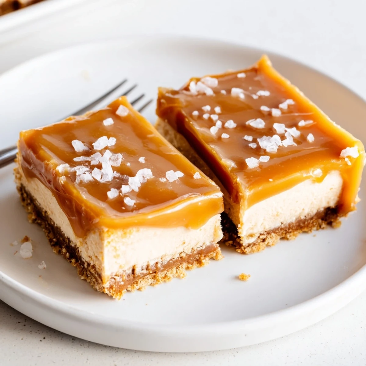 Golden caramel cheesecake bars stacked on a white plate with graham cracker crust visible