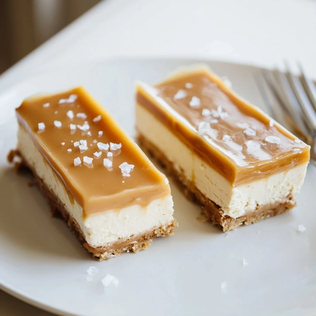 Square slice of creamy caramel cheesecake bar showing layers of golden caramel topping